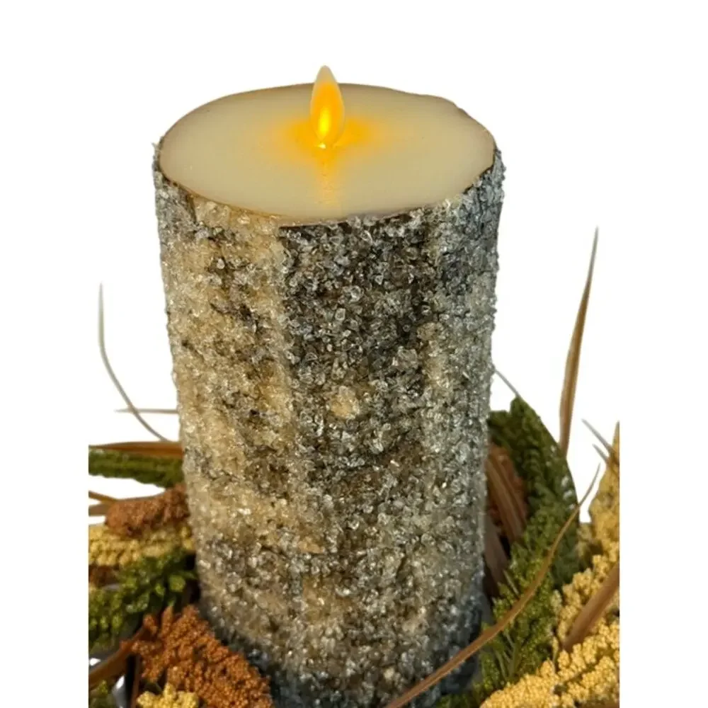 Pottery Barn Premium Flickering Flameless Wax Pillar Candle w/ wreath 8